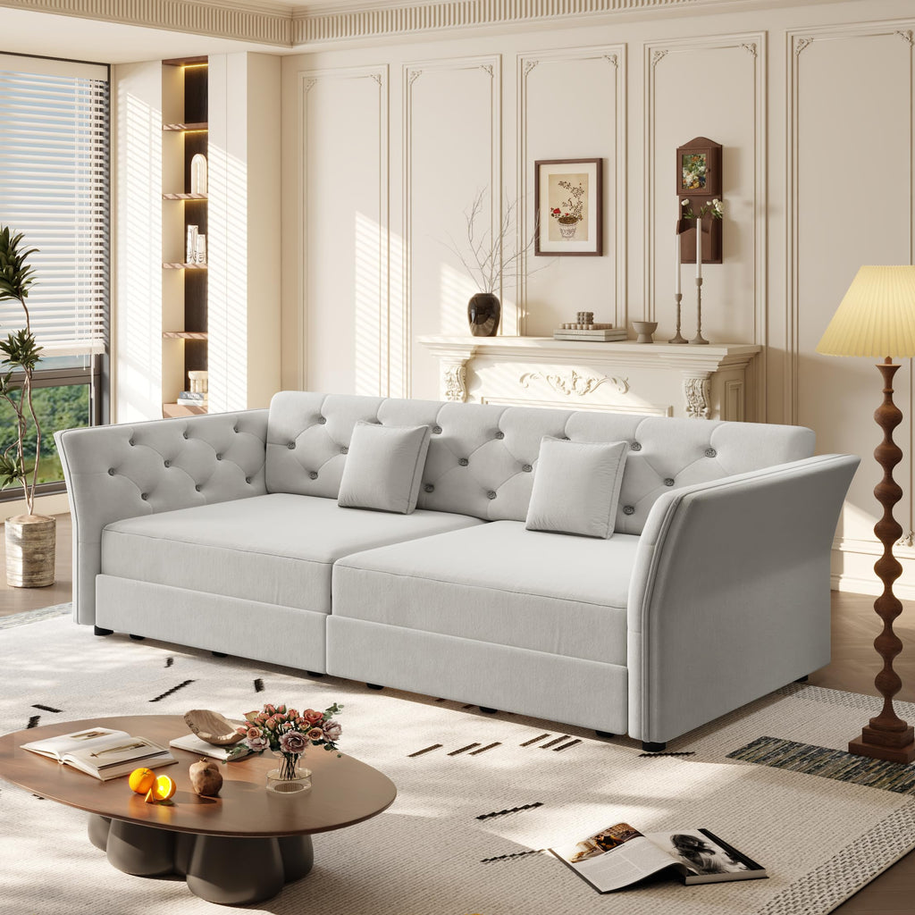 Velvet Pull Out Sofa Bed, Convertible Sleeper Sofa with Deep Seat, Handmade Tufted Back and 2 Pillows, Compact Couch Bed for Small Living Room, Apartment (Light Grey, 100")