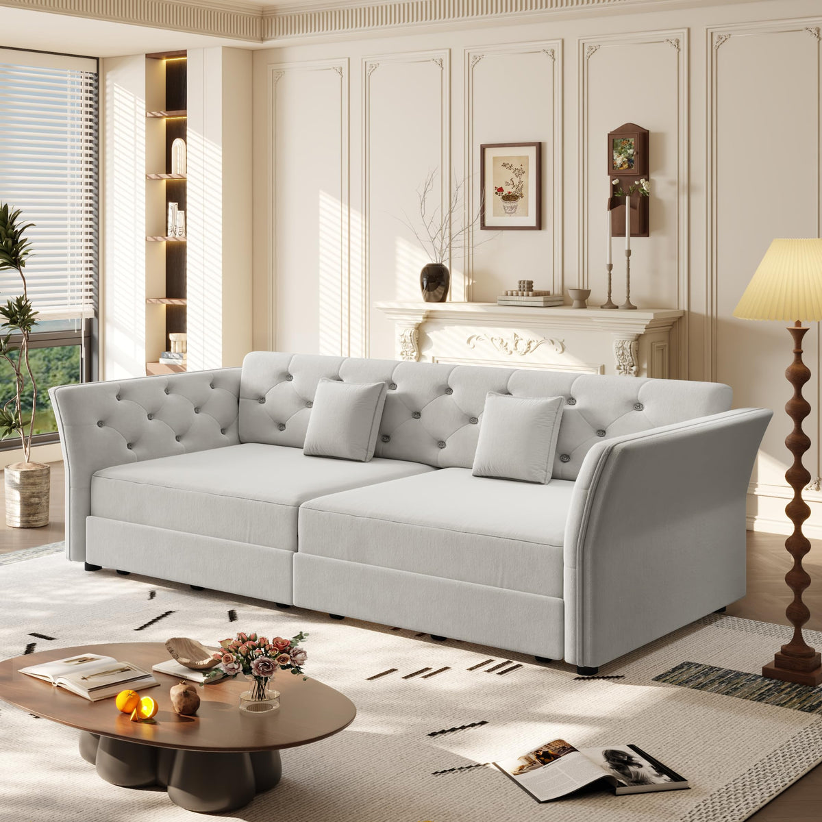 Velvet Pull Out Sofa Bed, Convertible Sleeper Sofa with Deep Seat, Handmade Tufted Back and 2 Pillows, Compact Couch Bed for Small Living Room, Apartment (Light Grey, 100")