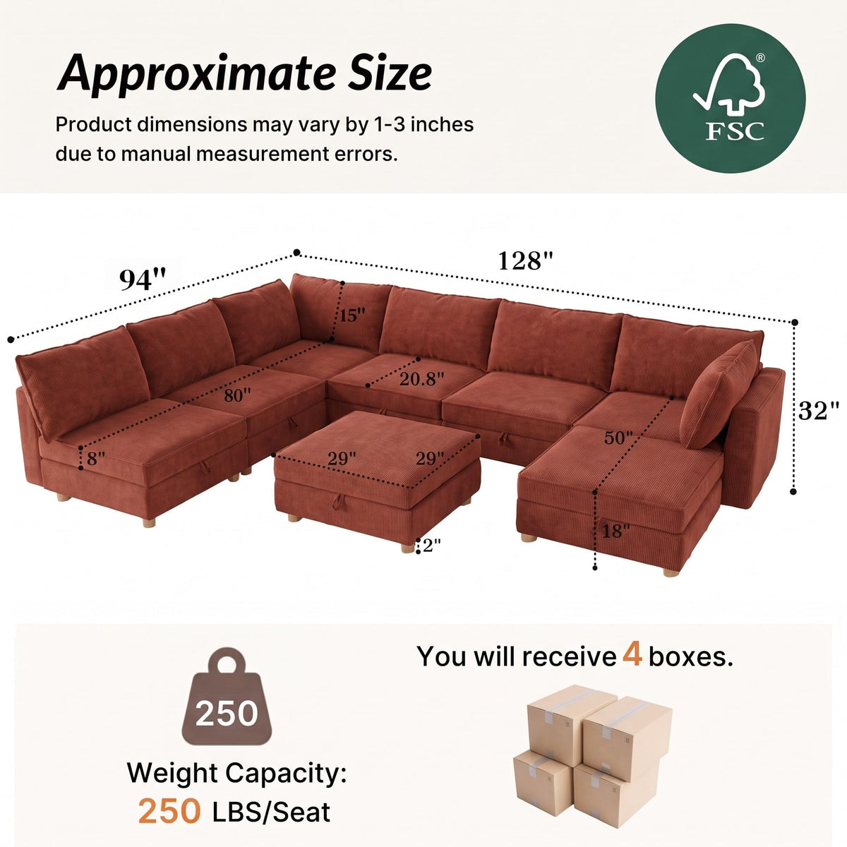 128'' Modular Sectional Sofa with Storage & Washable Covers, Convertible U/L Shaped Couch with Ottoman, 8-Seat Chenille Sectional Sleeper Sofa, Modular Sectional Sofas for Living Room,Orange