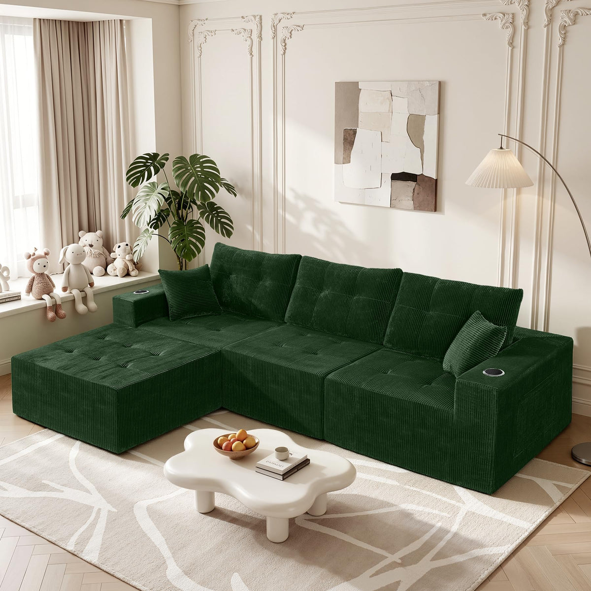 113" Boneless Modular Sectional Sofa, L-Shape Couch, 4-Seat Gray Corduroy