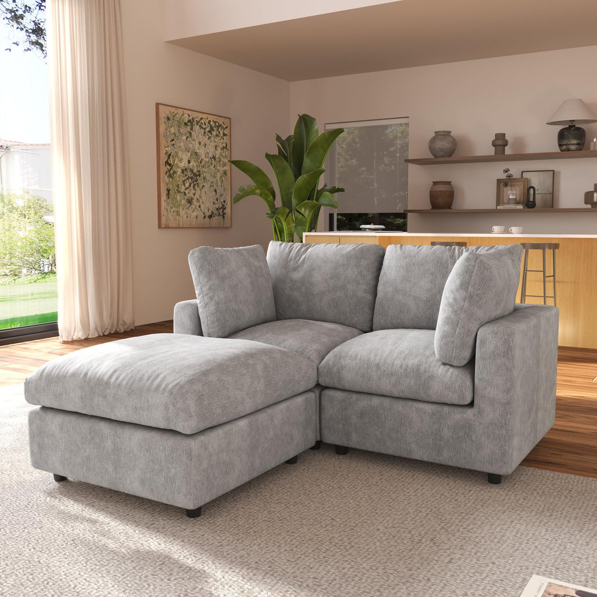120" Cloud Couch Chenille Sectional Sofa for Livingroom Beige