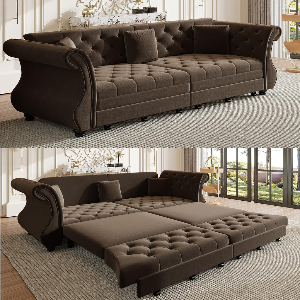 Velvet Pull-Out Sofa Bed, 3-in-1 Convertible Sleeper Sofa with Pillows, Button Tufted Chesterfield King Size Couch for Small Spaces & Apartments (Beige, 97.6")