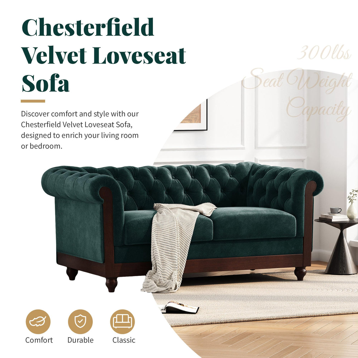 Tidyard 59.4? Velvet Loveseat Sofa for Living Room, 2-Person Tufted Couch with Rolled Arms, Compact Sectional Couch for Small Spaces, Forest Green