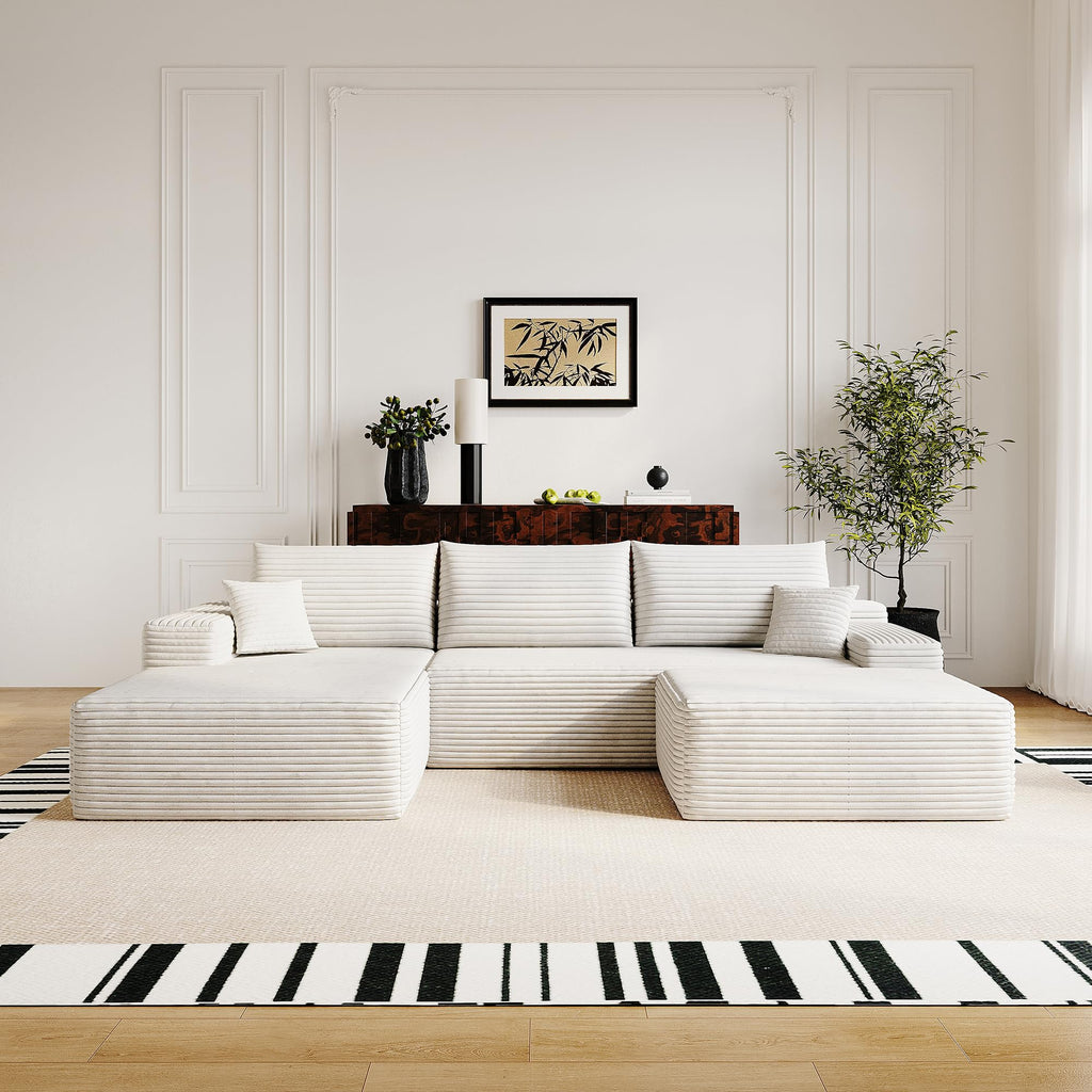 107" Plush Corduroy Deep Seat Chaise Lounge Indoo, Modern Boneless Compressed Floor Sectional Sofa with High-Resilience Foam, Free Combination Modular Cloud Sectional Sofa for Living Room, White