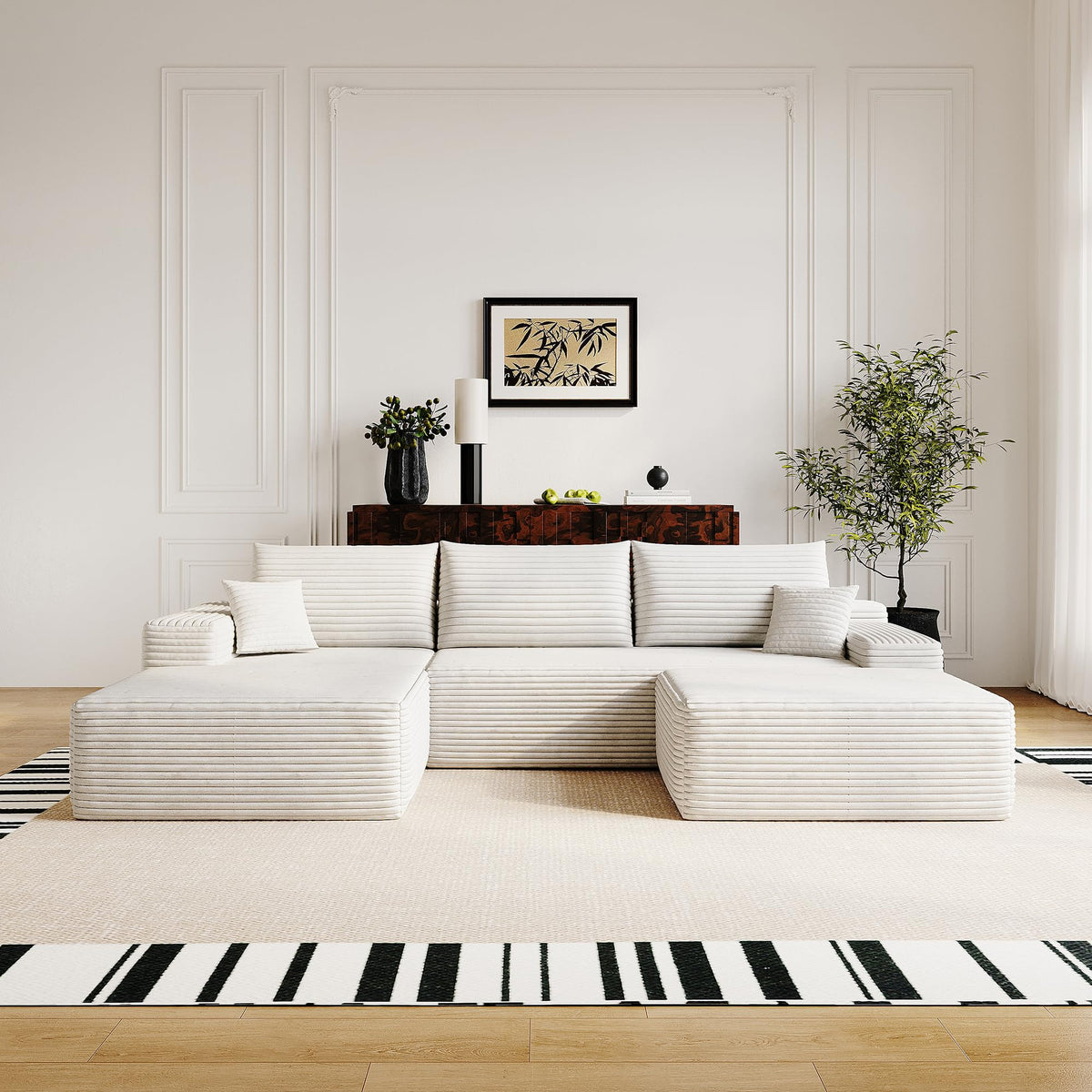 107" Plush Corduroy Deep Seat Chaise Lounge Indoo, Modern Boneless Compressed Floor Sectional Sofa with High-Resilience Foam, Free Combination Modular Cloud Sectional Sofa for Living Room, White