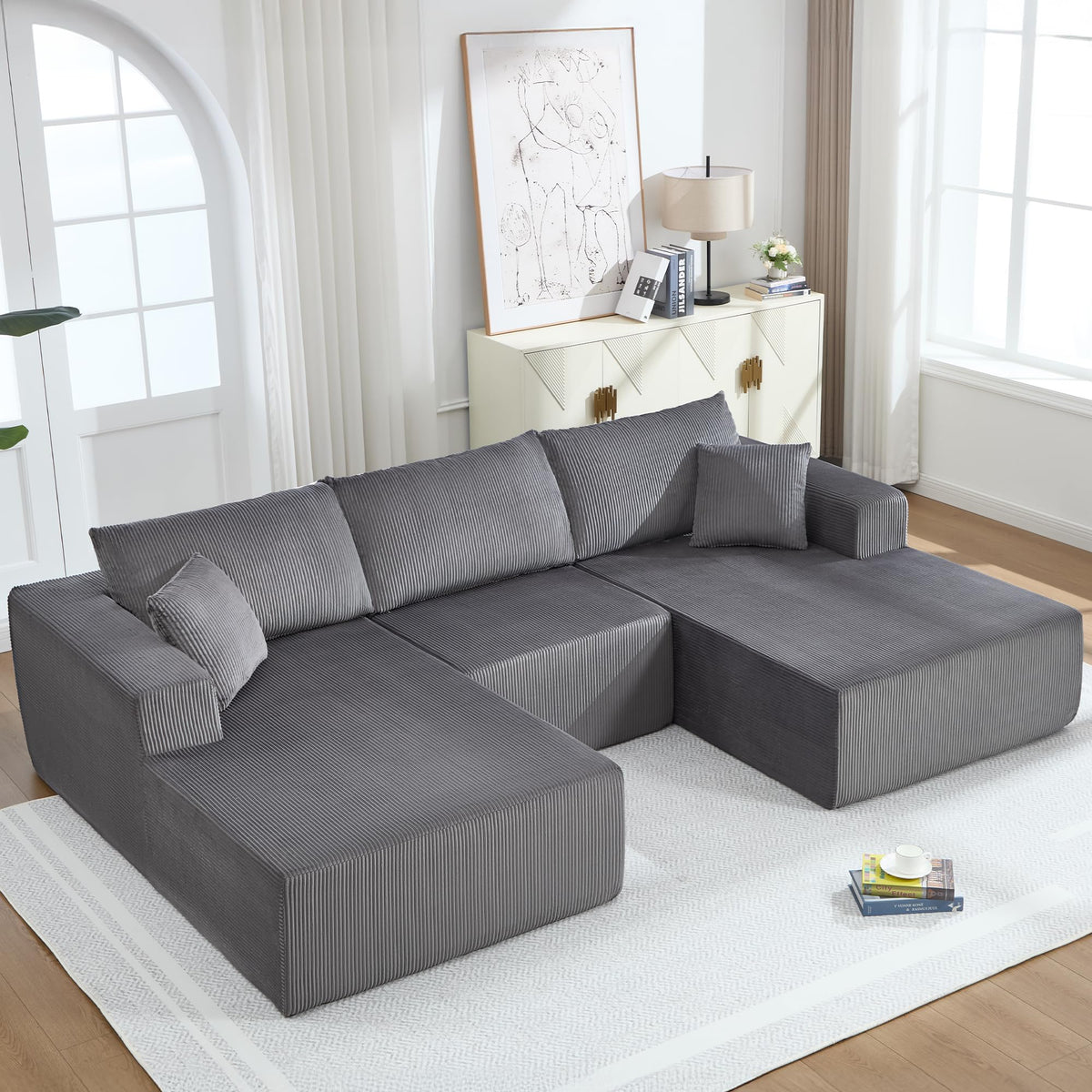 U-Shape Sectional Couch for Living Room,4 Seater Boneless Sofa Couch for Living Room Bedroom Apartments,146" Modular Sectional Corduroy Couch with Deep Seat,No Assembly Green