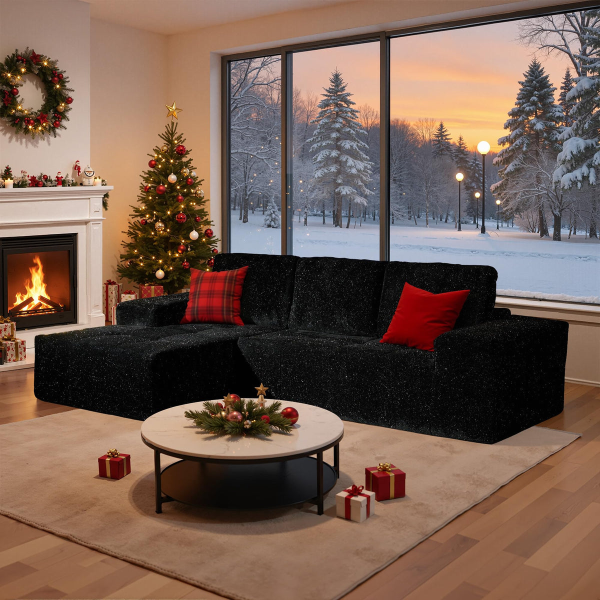 114" L Shaped Cloud Couches with Chaise,Right Facing Modular Sectional Sofa,Glitter Fabric Couch with Deep Seats for Living Room,Bedroom and Apartment,No Assembly Required,Black