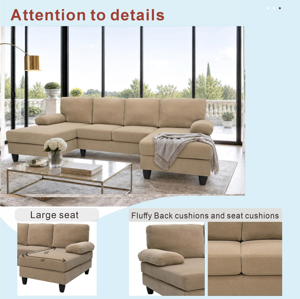 U-Shaped Sofa, Dual Chaise Sectional, 104 Inch, Camel
