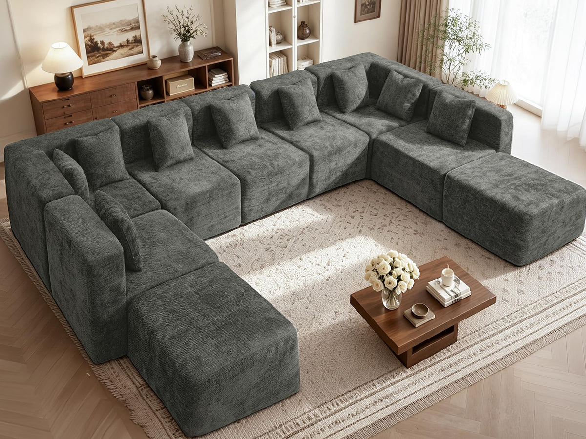 103" Three-Layer Sponge Boneless Couch sectional for Living Room Modular sectional Sofa High-Back 4-Seater L-Shape Couch with Ottoman Memory Foam Waterproof Chenille Black
