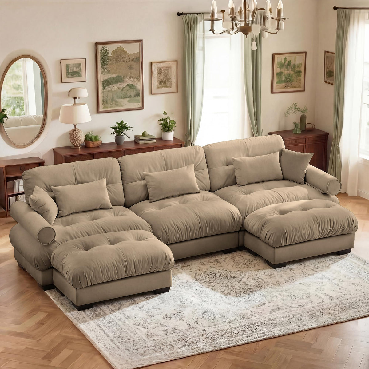 130" Cloud Couch, Oversized 3-Seater Couch with Ottomans and Pillows, Deep Seat L Shaped Sofa, Comfy Velvet Fluffy Sofas Modular Sectional Couches for Living Room (Blue, 3 Seat + 1 Ottoman)