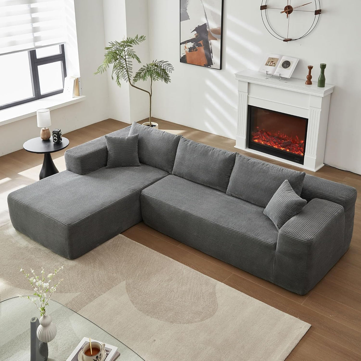 104" L-Shape Modular Sectional Sofa Couch,Comfy Upholstered Cloud Couch for Living Room,Modern Minimalist Couches,Deep Seat,No Assembly Required (Black,Plush Corduroy, Right Facing Chaise w/Ottoman)