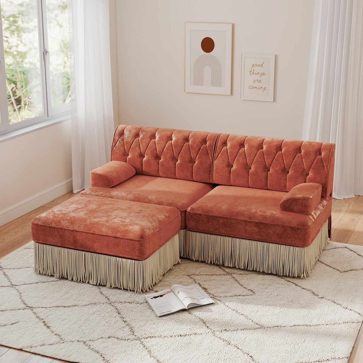 Unique Chesterfield Style Modular Sectional Sofa, 135.6” L-shaped Boneless Sofa with Velvet Fabric, Floor-grazing Tassel Fringe Skirt and Button Tufted Design for Living Room, Easy to Assemble, Beige