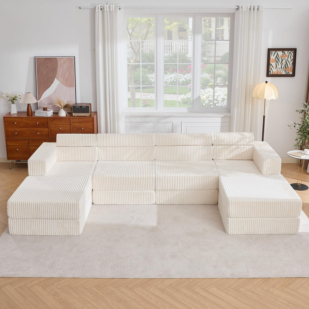 Tbfit 142” Modular L Shaped Sectional Boneless Couch, Convertible Futon Sofa Bed, Corduroy Cloud Mattress Sleeper Sofa, Comfy Folding Upholstered Floor Couches for Living Room, Bedroom, Beige