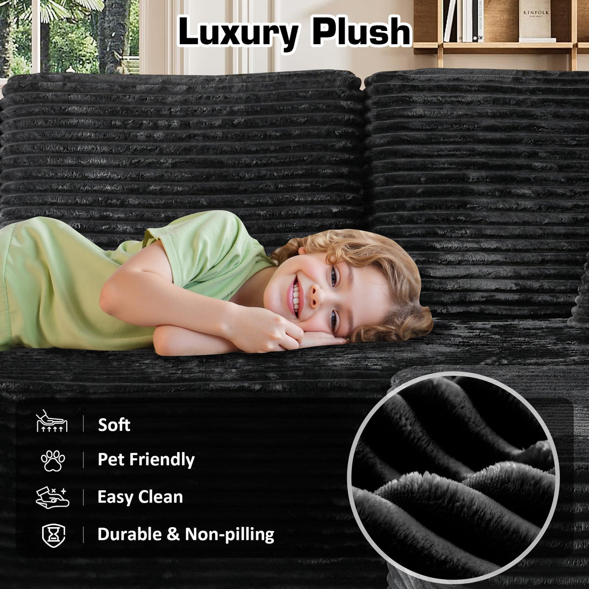 106" Cloud Sectional Couch with L-Shape Chaise & Ottoman, No Assembly Modular Sofa, Deep Seat Plush Corduroy Boneless Couched for Living Room (Black Plush Corduroy, L Shape with Ottoman-Left Facing)