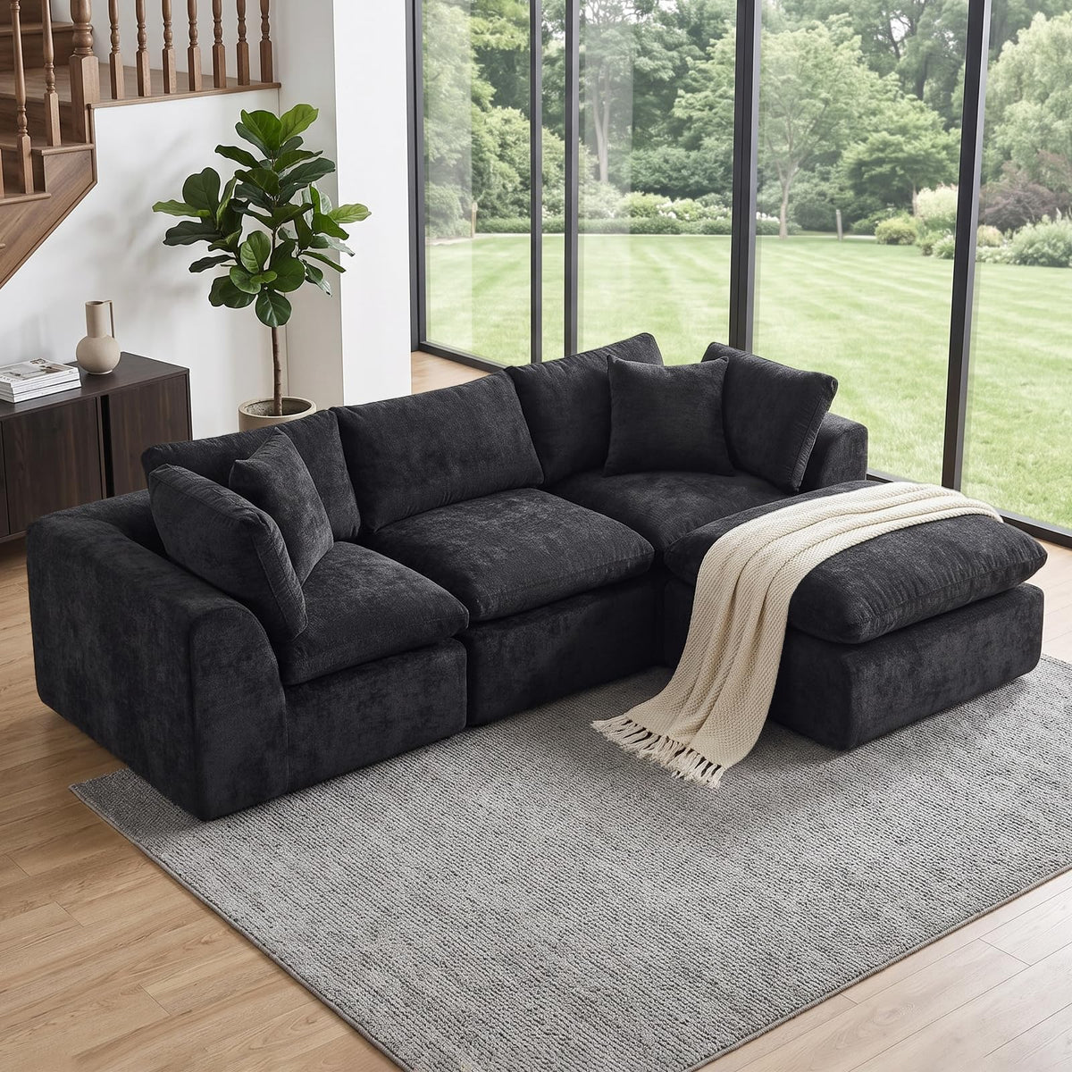 110" Beige Boneless Sectional Couch with Ottoman