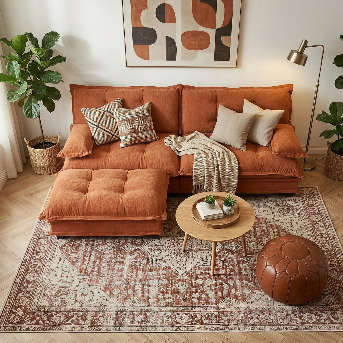 107.5" Modular Sectional Sofa-Chenille Deep 3 Seater L-Shaped Cloud Couch with Ottoman, Button Seat Cushions for Living Room & Apartment, Orange