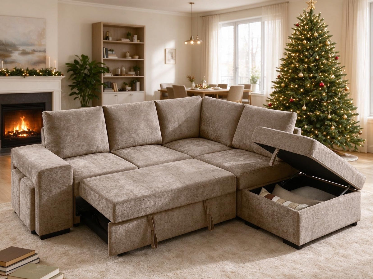 VANOMi 94" Modular Sleeper Sofa with Pull Out Bed, Ottoman, Beige Chenille