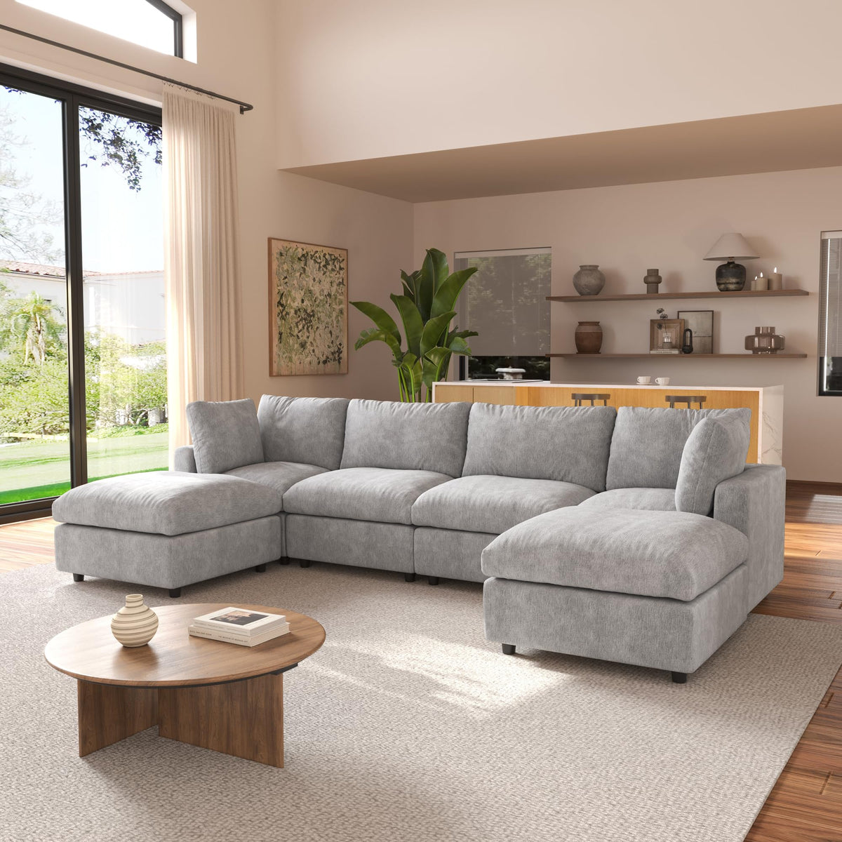 120" Cloud Couch Chenille Sectional Sofa for Livingroom Beige