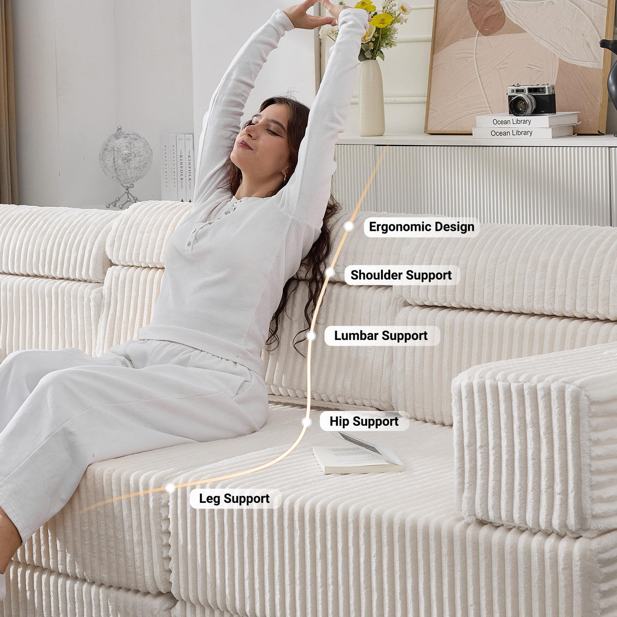 Tbfit Modular L Shaped Sectional Boneless Couch, Convertible Futon Sofa Bed, Corduroy Cloud Mattress Sleeper Sofa, Comfy Folding Upholstered Floor Couches for Living Room, Bedroom, Beige