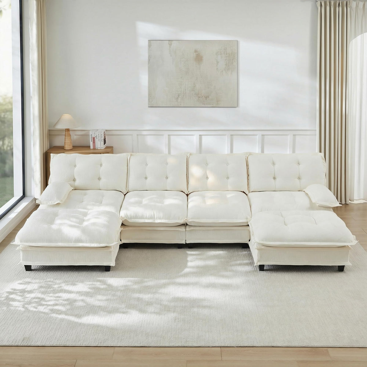 U Shaped Modular Sectional Sofa - 108" Chenille Cloud Deep Seat Couch with Ottoman, 5-Seat Comfy Lattice Decored Seat Cushion for Living Room, Apartment,Light Coffee