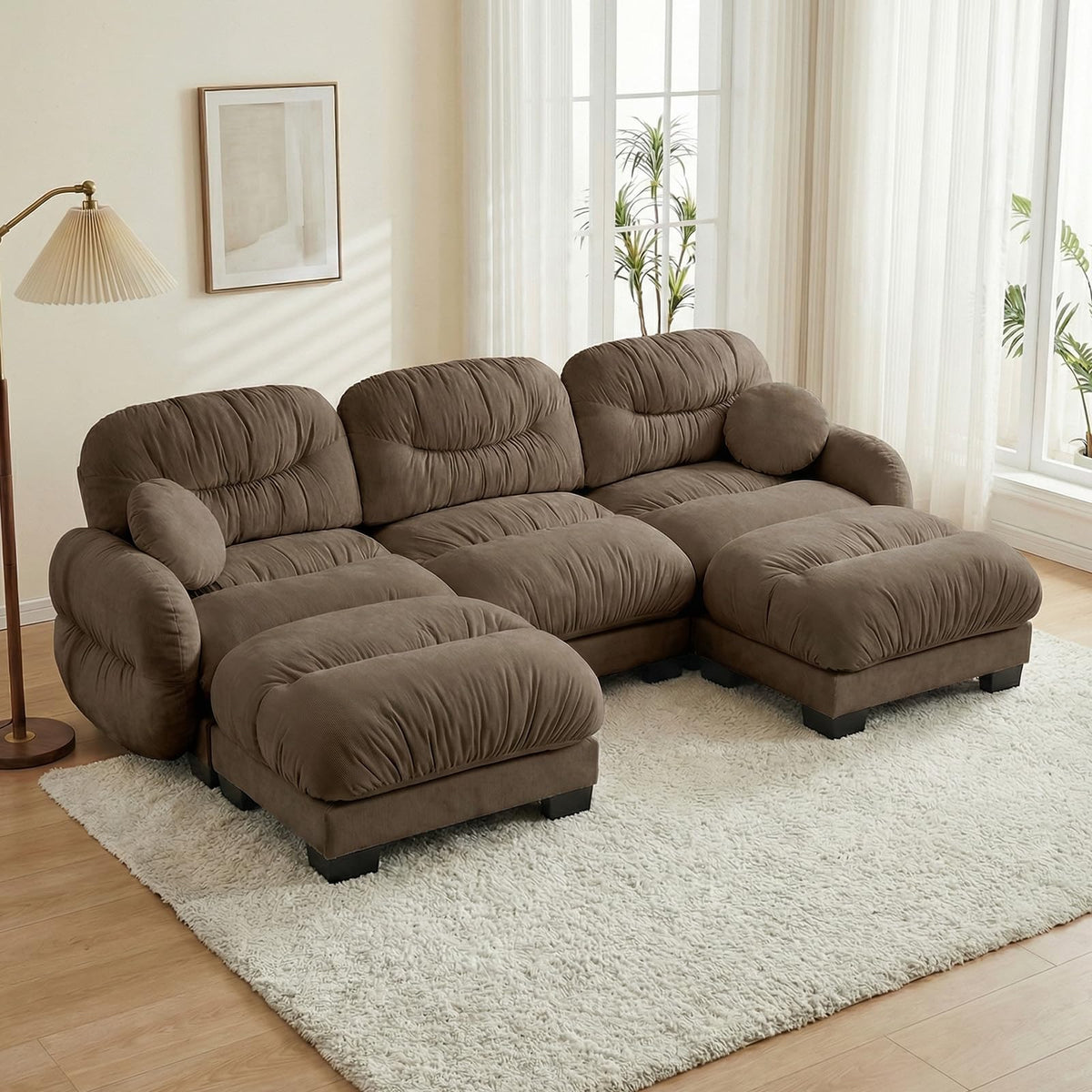 116" U Sectional Couches for Living Room, 3 Seater Modular Couch with 2 Ottoman, Cloud Sofa with Soft Chenille Fabric, High-Density Foam Cushion, Living Room Furniture, Beige