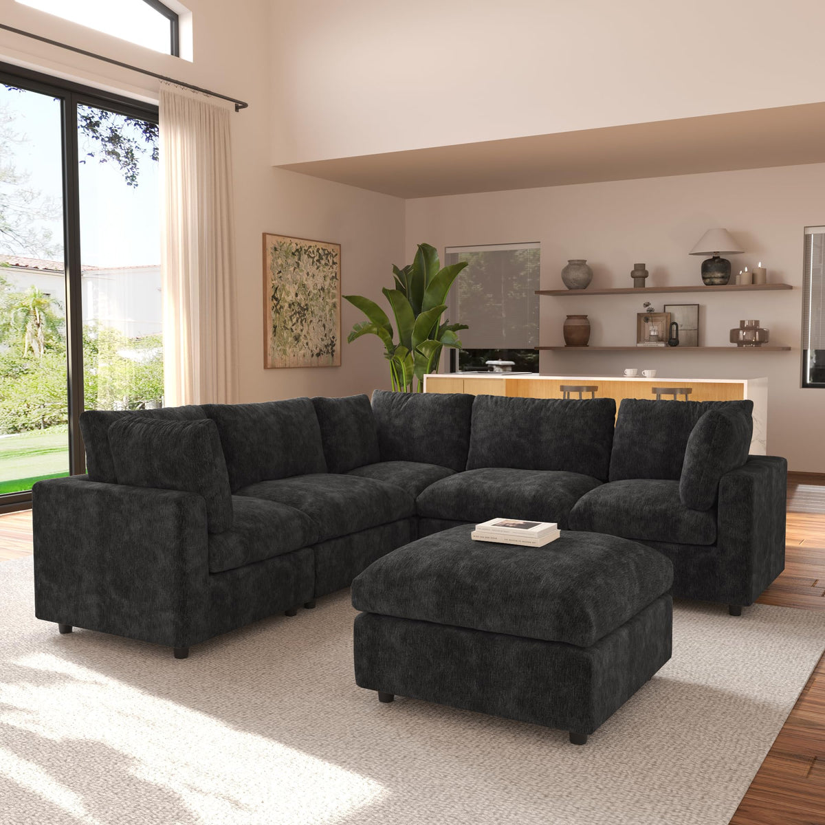 120" Cloud Couch Chenille Sectional Sofa for Livingroom Beige