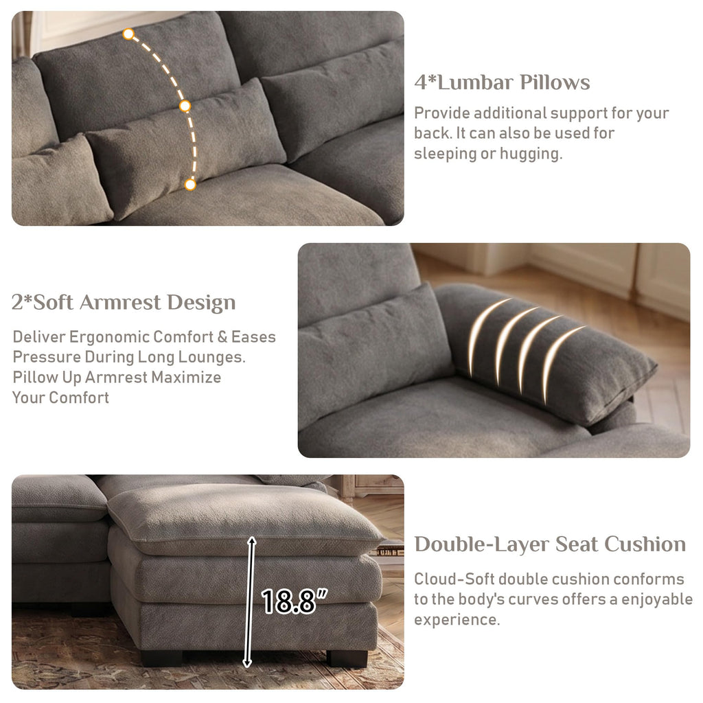 113" Cloud Couch Sectional Modular Sofa U Shaped Sectional Couches for Living Room Comfy Chenille 5 Seat Cloud Sofa Set with 4 Pillows, Chaise Lounge, Movable Ottoman, Stone Grey