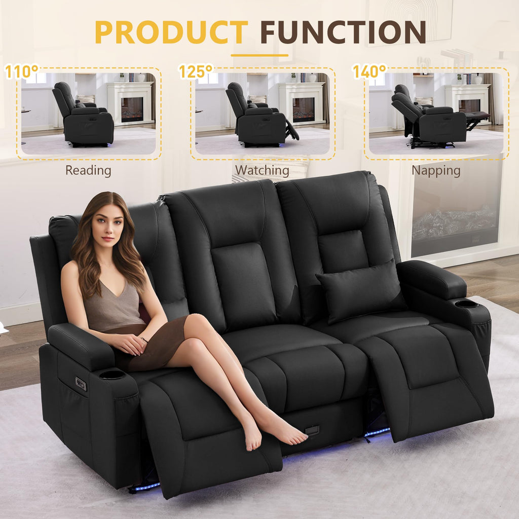 URRED Power Loveseat Recliner Sofa with Console, Wall Hugger Reclining Loveseat RV Couch with LED Light, 150° Zero Gravity Recliners Modular Couches for Living Room (Black, 77.3'' - 3 Seats)