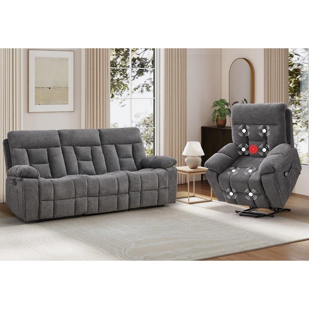 EBELLO 2 Piece Reclining Living Room Set, Soft Fabric Recliner Sofa Furniture Set, Included Power Lift Recliner Chair with Massage and Heat and 3 Seat Sofa, Dark Greenish-Grey