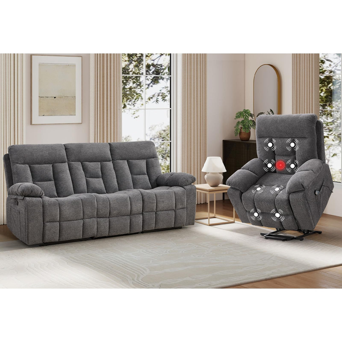 EBELLO 2 Piece Reclining Living Room Set, Soft Fabric Recliner Sofa Furniture Set, Included Power Lift Recliner Chair with Massage and Heat and 3 Seat Sofa, Dark Greenish-Grey