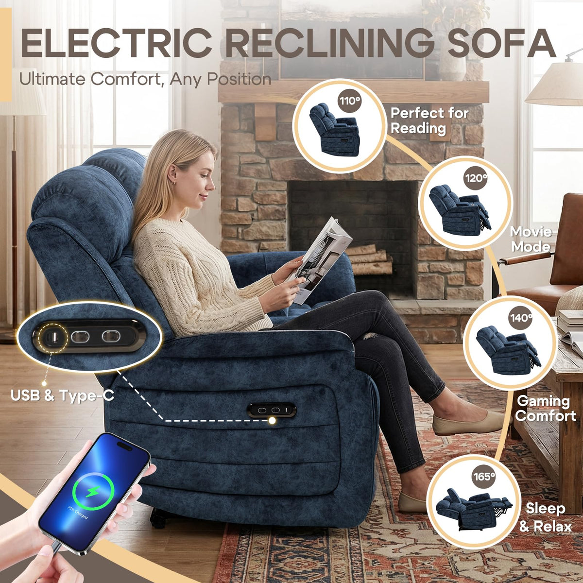 Zero Gravity Power Reclining Loveseat Sofa with Adjustable Headrests, Power Loveseat Recliner with Console, Electric 2-Seater Recliner Couch with Charging Port for Living Room (Velvet, Blue)
