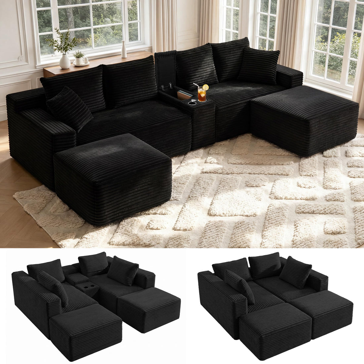 127" U-Shaped Boneless Sofa with Center Console for Living Room, Brown