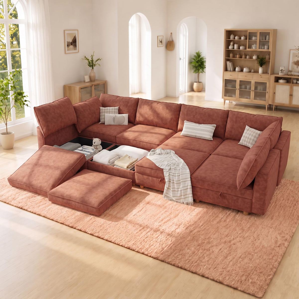 125" Chenille Modular Sectional Sofa Bed Hidden Storage, Convertible L U Shaped Sleeper Couch, 8 Seat Modern Modular Sectional Sofa with Removable Covers & Ottoman Chaise, for Living Room, Beige