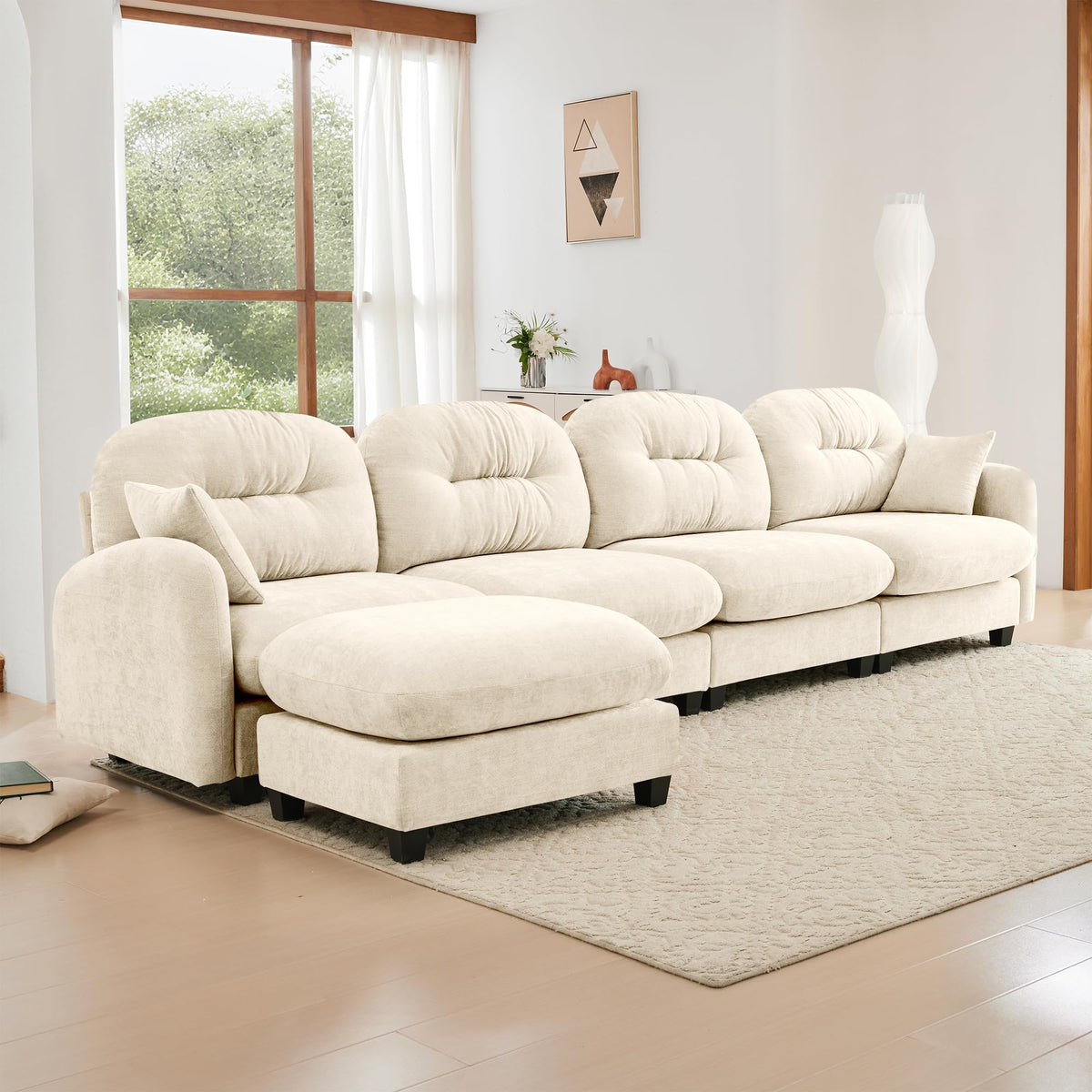 Tidyard Modular L-Shaped Sectional Couch with Ottoman, Soft Chenille Fabric, Ergonomic Design, Tufted Backrest, Easy Assembly, Fits Living Room, Bedroom, Beige