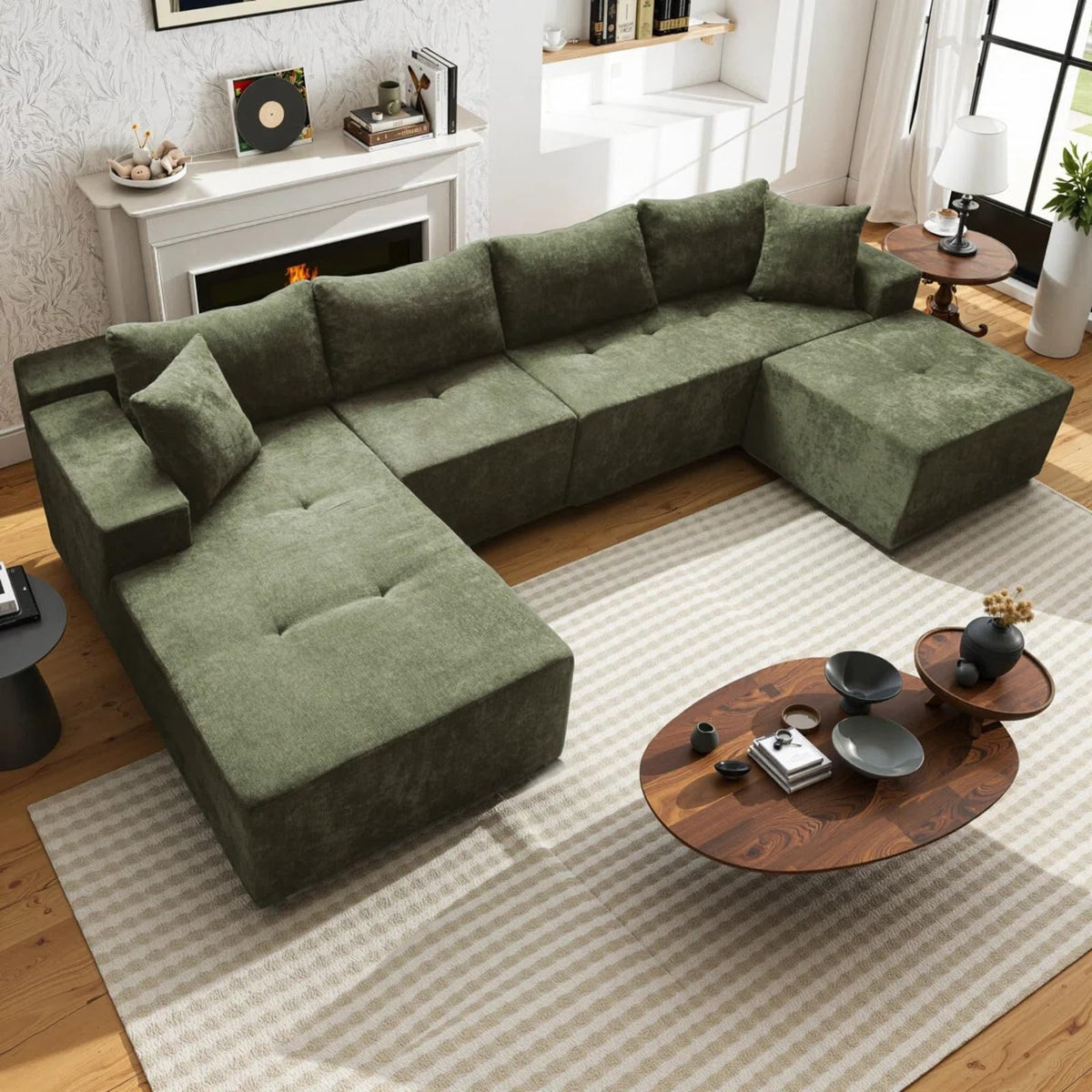 132‘’ Boneless Couch Modular Sectional Sofa – Cloud-Style Deep Seat Floor Couch with Right Facing Chaise, Oversized Memory Foam Sectional Couches for Living Room, No-Assembly -with Ottoman