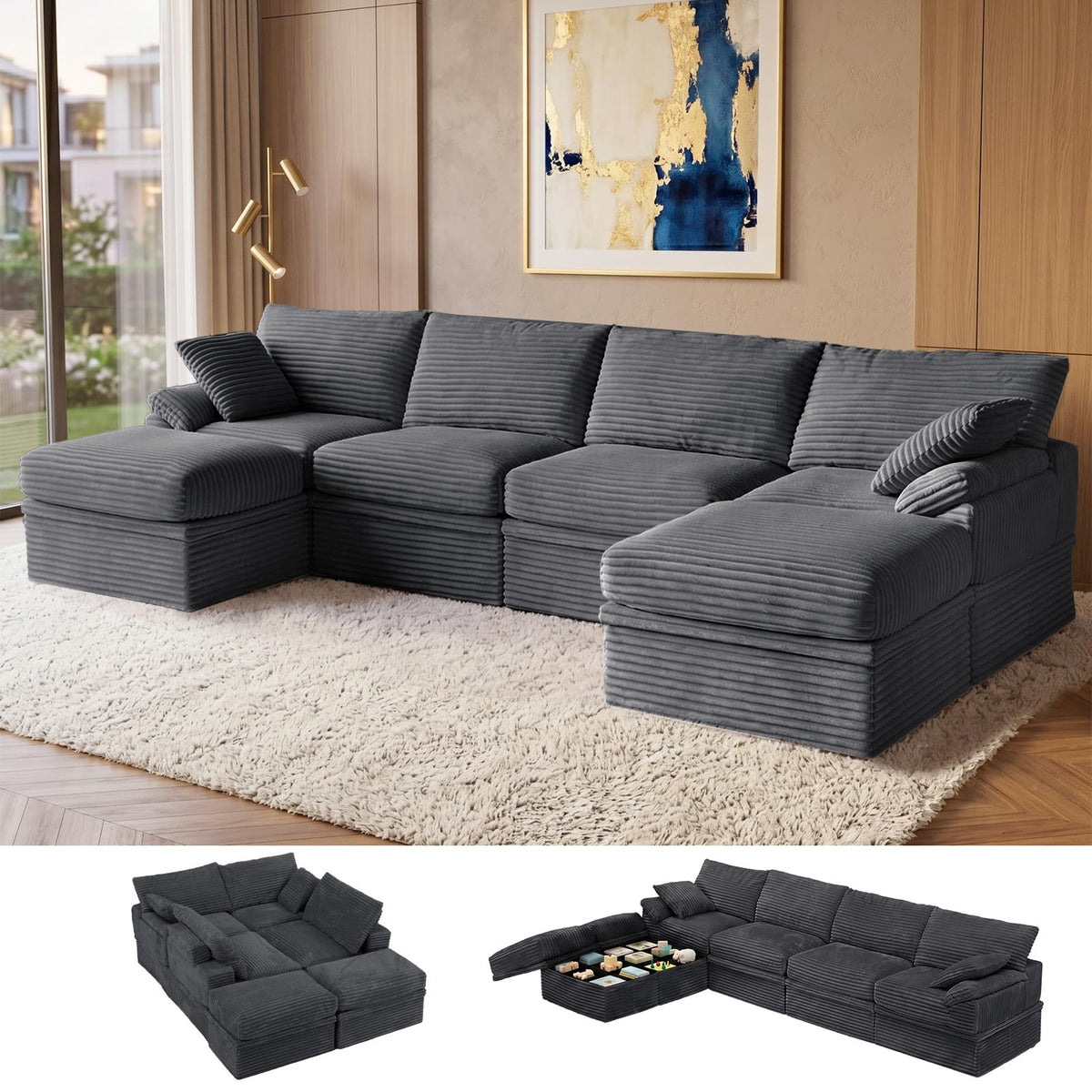 107'' Modular Sectional Sofa with Storage, L-Shaped Boneless Couch