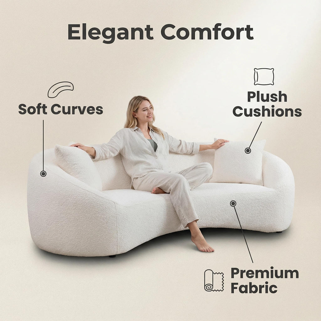 White Curved Sofa Set of 3, Solid Wood Frame, 5 Seater, Pillows, Modern
