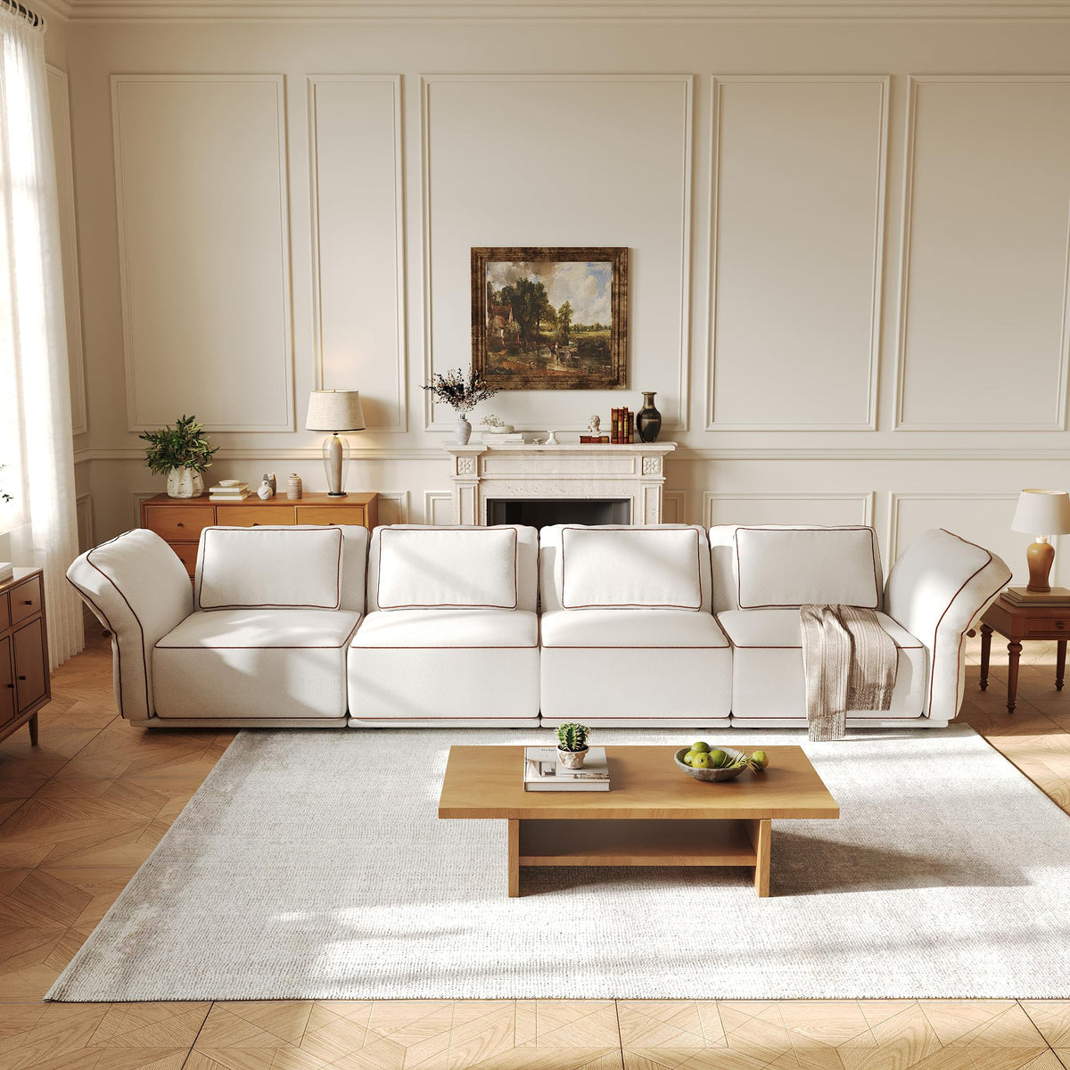 128.3" Modular Boucle Sofa with Ottoman, 3-Seat Sectional Couch, Beige