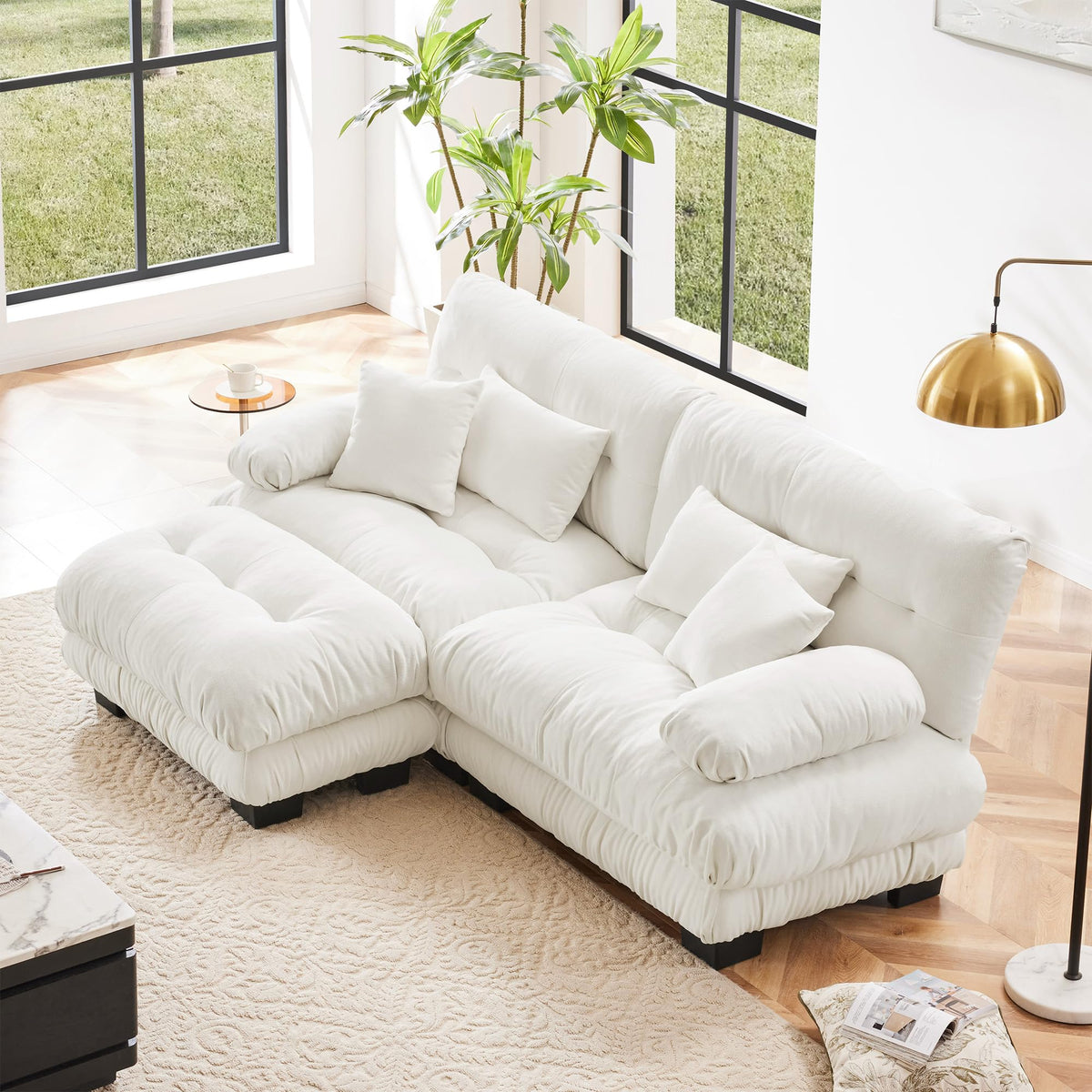 134" Oversized 3 Seater L Shaped Modular Sectional Sofa, Large Sectional Couches for Living Room, Chenille Cloud Couch with Pillows, Living Room Deep Seat Sofas with 3 Seats & 1 Ottoman, Pink