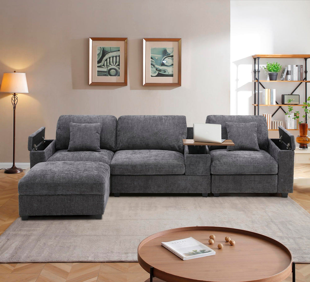 120.3" Modular Sectional Sofa, Oversized Comfy Cloud Couch, 4 Seater L Shaped Couch with Storage Armrest, Ottoman, USB Ports, Cup Holder, Table, Modern Linen Couches for Living Room, Gray