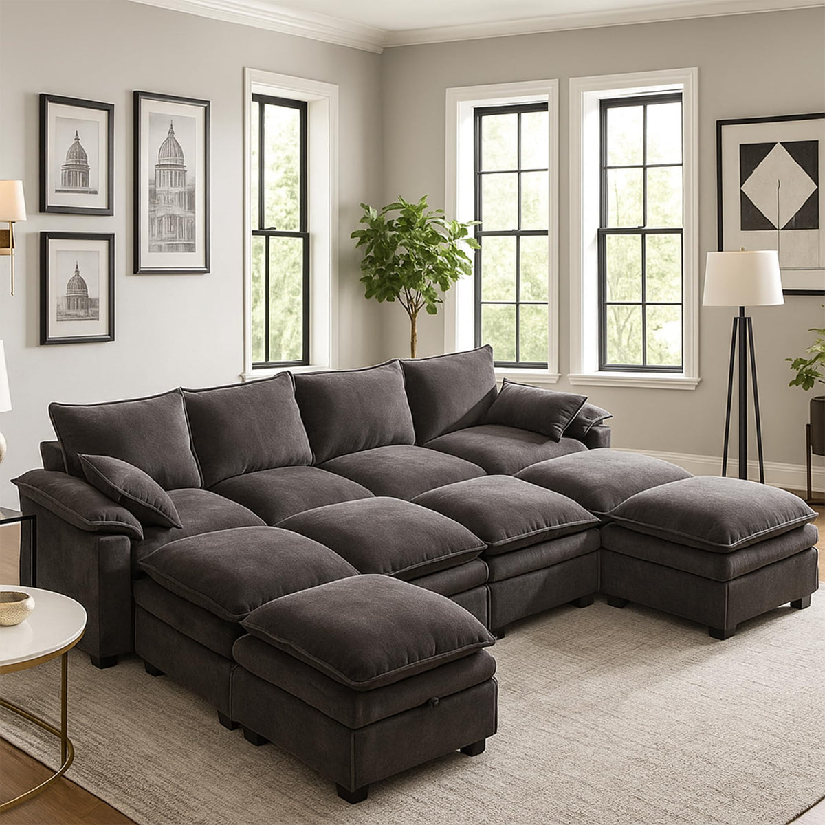 130" Modular Sectional Sofa with Storage, Premium Chenille Cloud Couch with Movable Ottomans, 1200lbs Heavy Duty Deep Seat Sectional, High-Density Foam