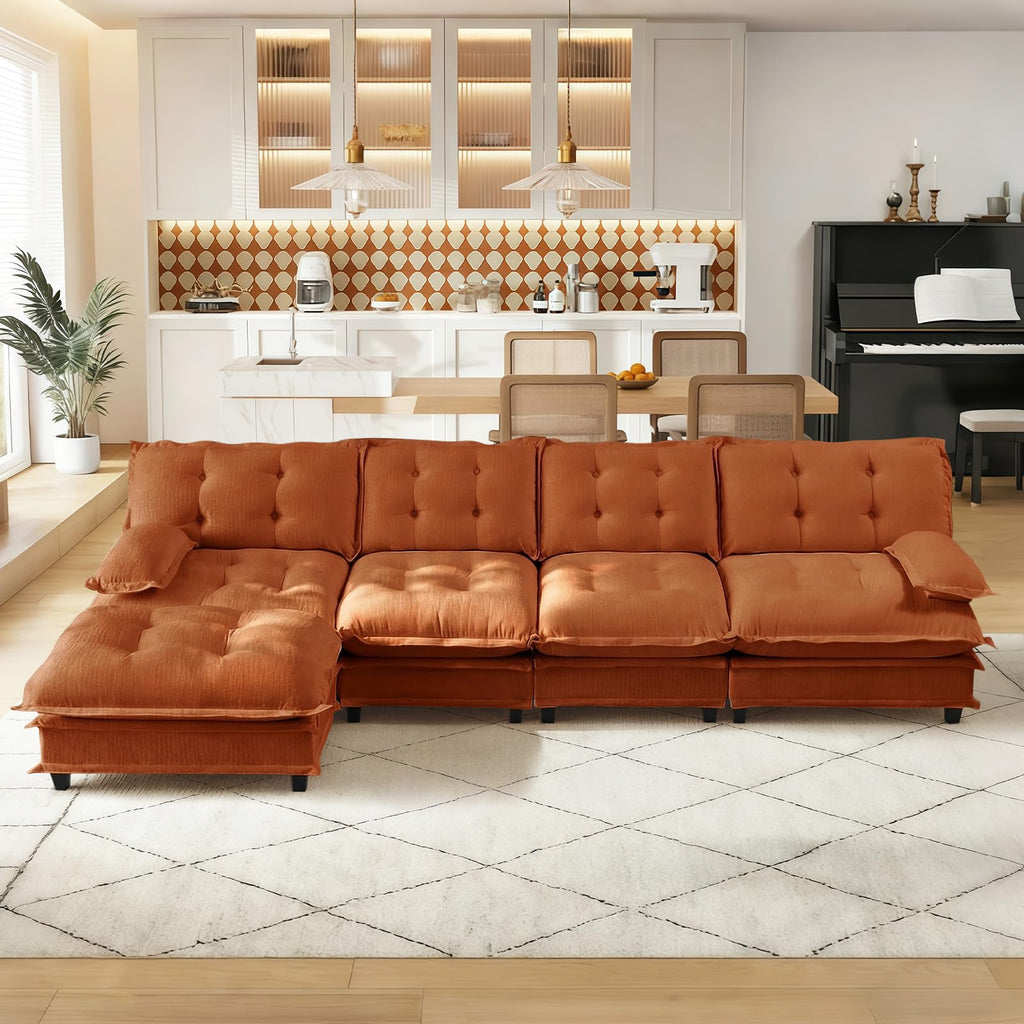 107.5" Modular Sectional Sofa-Chenille Deep 3 Seater L-Shaped Cloud Couch with Ottoman, Button Seat Cushions for Living Room & Apartment, Orange