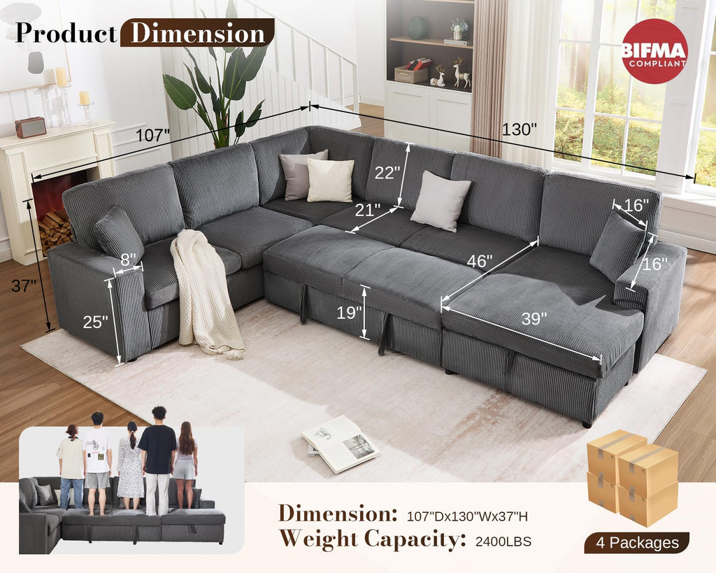 130" Sofa Bed, Sectional Sleeper Sofa, Pull Out Couch with Storage