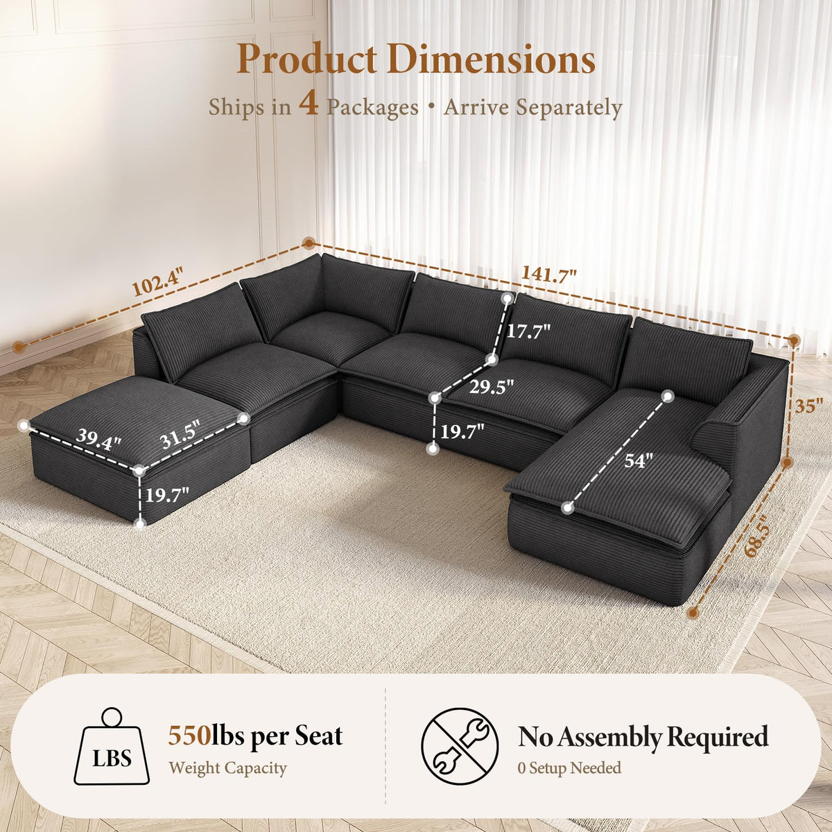 Vesgantti Oversized U Shaped 7 Seater Boneless Couch with Chaise, Black