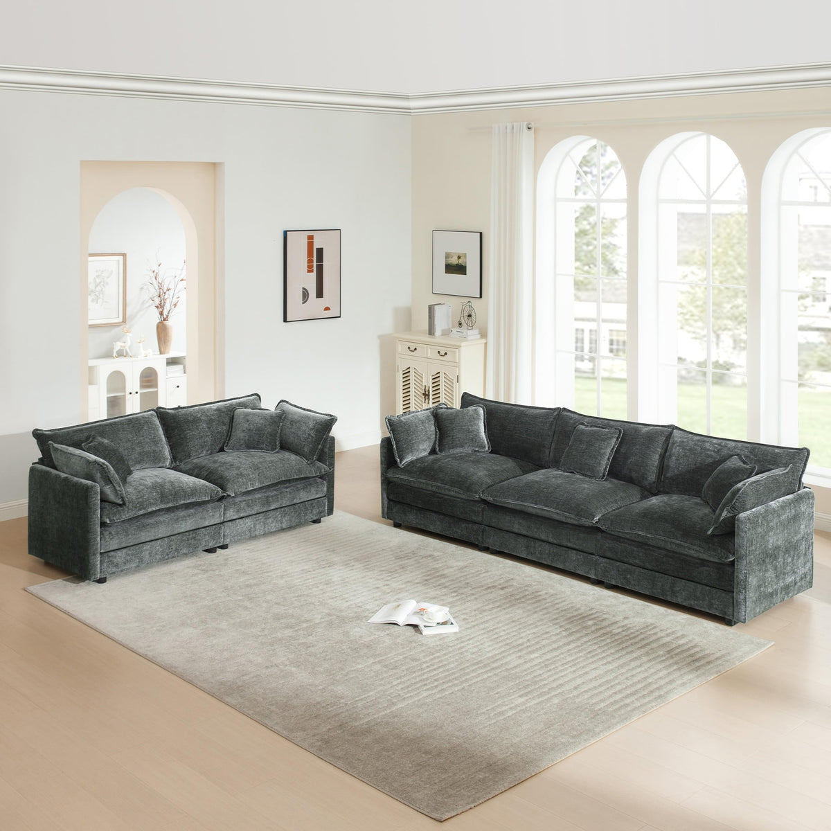 White Modular Sectional Sofa 3-Piece Set, Modern Deep Seat Chenille Couch, Loveseat, Single Sofa, Oversized Modular Couch for Living Room