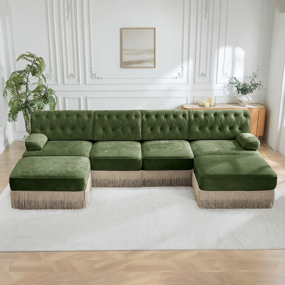 Velvet Modular Sectional Sofa, 135.6 Inch Chesterfield Style, Camel
