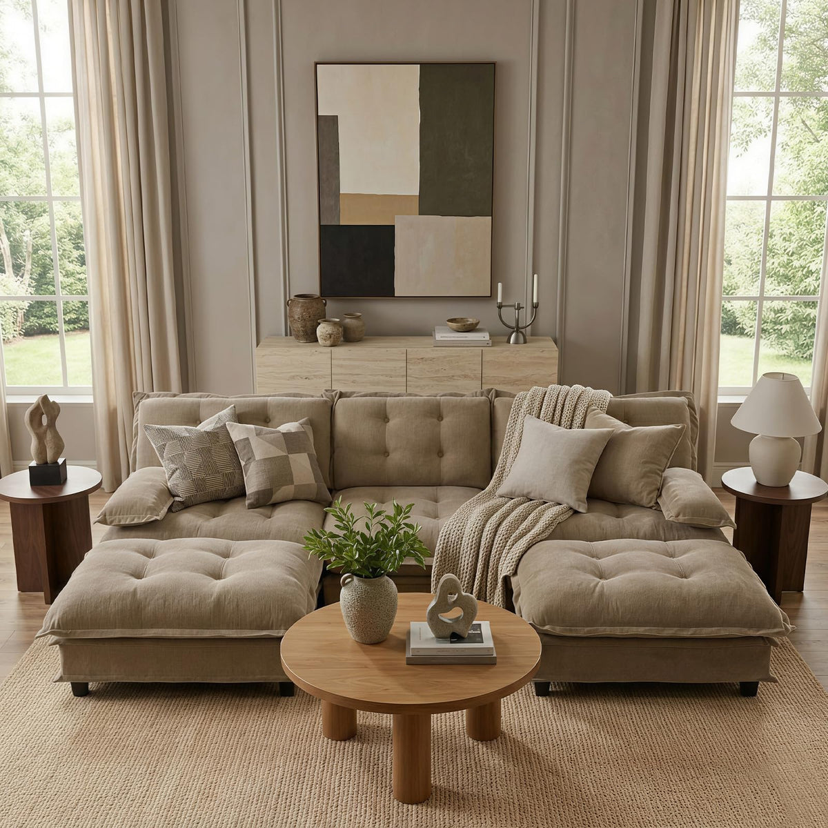 107.5" Modular Sectional Sofa-Chenille Deep 3 Seater L-Shaped Cloud Couch with Ottoman, Button Seat Cushions for Living Room & Apartment, Orange