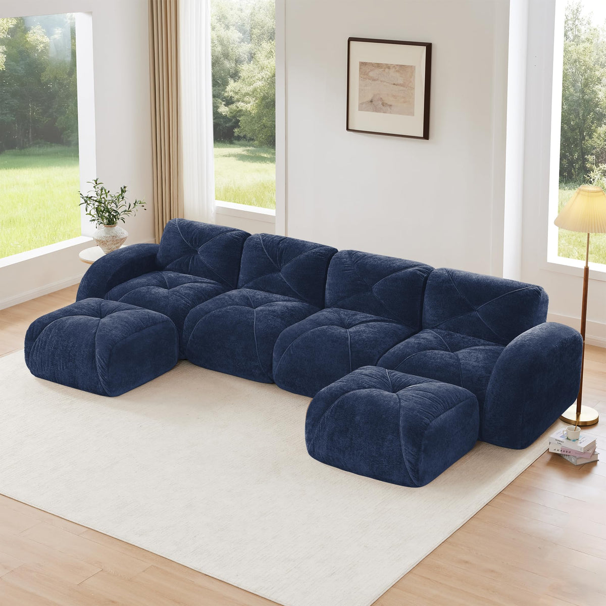 U-Shaped Boneless Sofa, Tufted 32d High Density Sponge Bottom, Anti-Slip Design, No Assembly Required, Free Combination, Movable Ottomans for Living Rooms, Home Theater, Blue