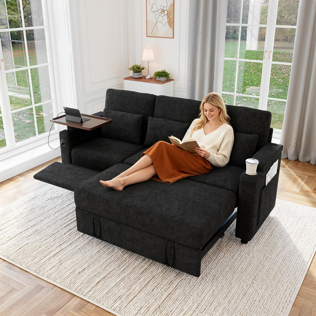 100" Modular Sectional Sleeper Sofa with Pull Out Bed, 7 Seat Corduroy U Shaped Couch with Storage Chaise|6-Position Backrest|Side Table|USB Port, Dark Grey Sectional Couches for Living Room