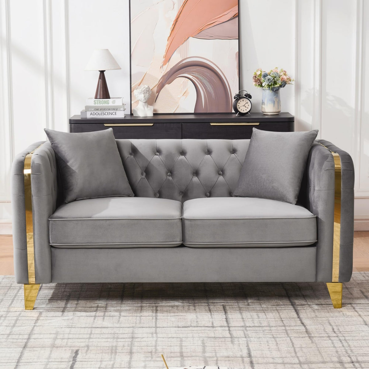 Velvet Chesterfield Sofa Set of 2, Mid Century Modern Deep Seat Loveseat + 3 Seater Couch with Golden Legs and Button Tufted, Upholstered Comfy Sofa with 2 Pillows for Living Room, Black Gold